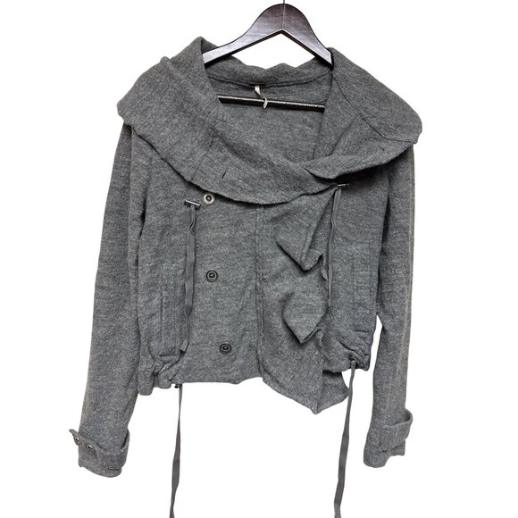 Free People Women's Sweater Hooded Cinch Front Wool Grey Cardigan Size Medium - Picture 2 of 12